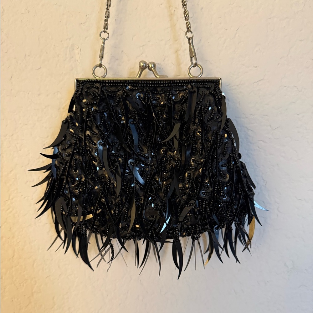 Vintage Black Beaded Evening Bag with Silver Hardware
